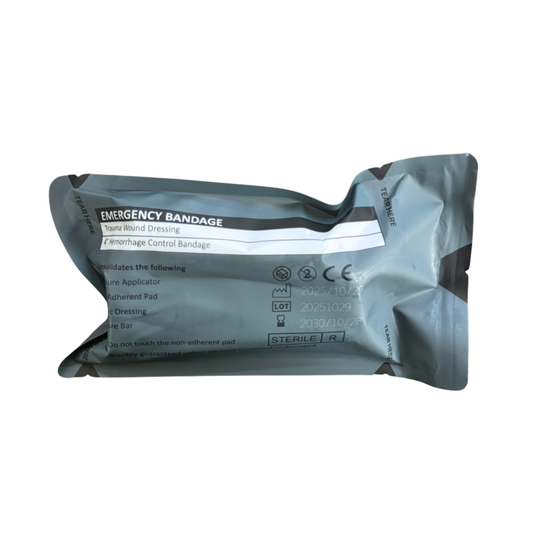 Emergency bandage packaging on a white background
