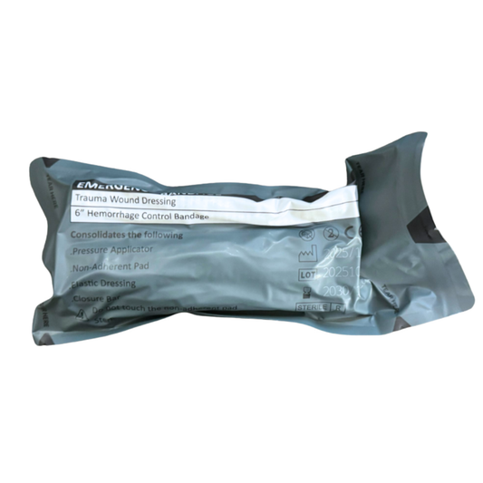 Trauma wound dressing packaging on a white background