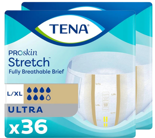 TENA Stretch Ultra Briefs | Large/XL | 2 Bags of 36 | 67803